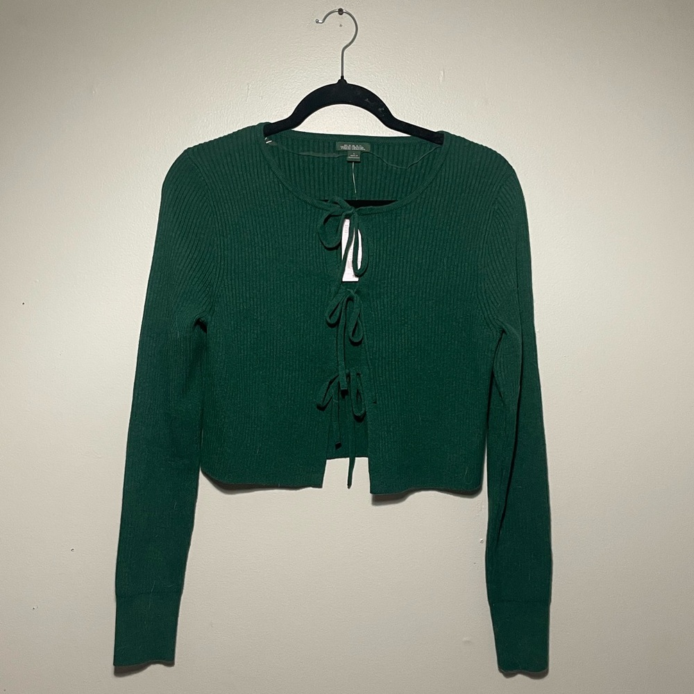 Green Tie-Front Ribbed Sweater Top - Women